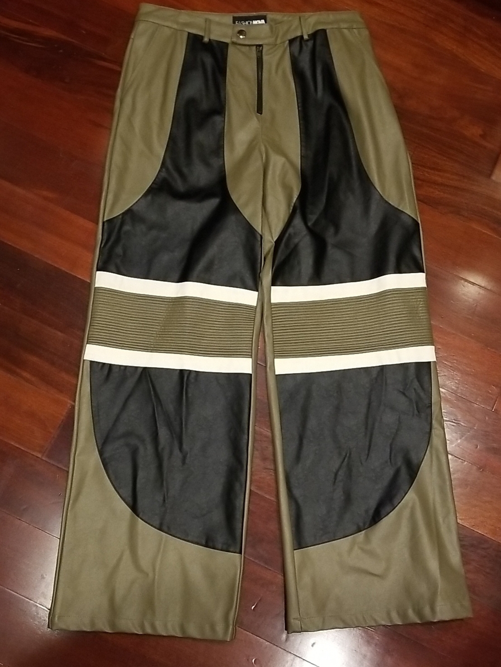 Fashion Nova Olive, Black & Cream Panel Wide-Leg Pants